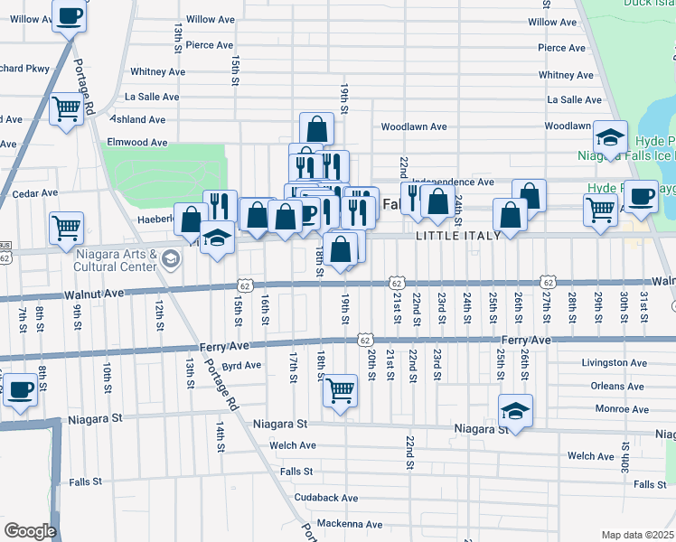 map of restaurants, bars, coffee shops, grocery stores, and more near 1812 Walnut Avenue in Niagara Falls