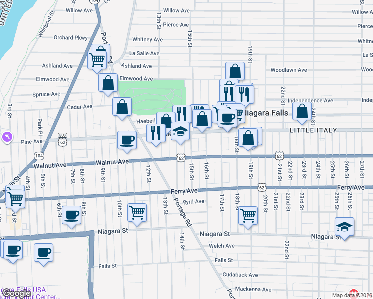 map of restaurants, bars, coffee shops, grocery stores, and more near 1502 Walnut Avenue in Niagara Falls