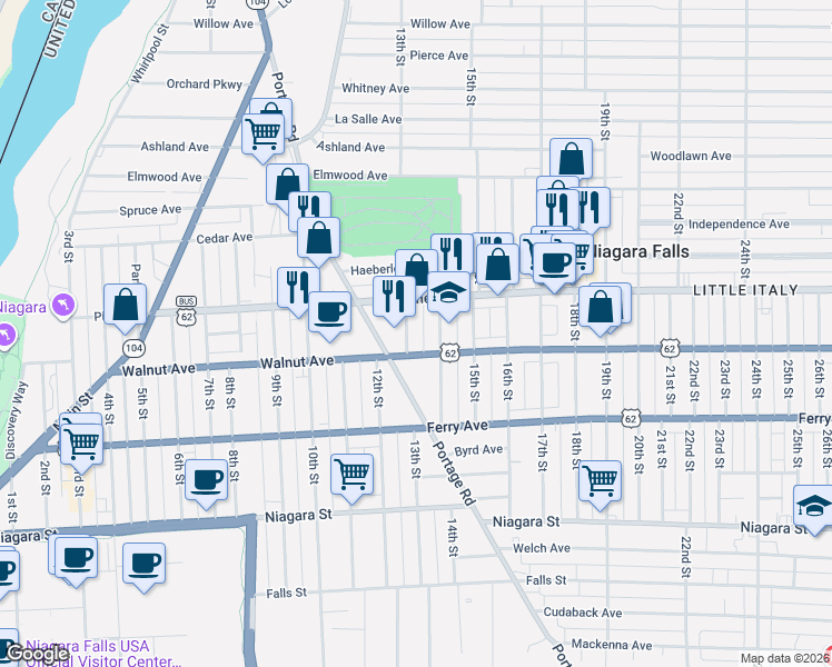 map of restaurants, bars, coffee shops, grocery stores, and more near 1201 Pine Avenue in Niagara Falls