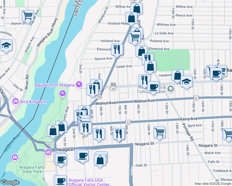 map of restaurants, bars, coffee shops, grocery stores, and more near 616 7th Street in Niagara Falls