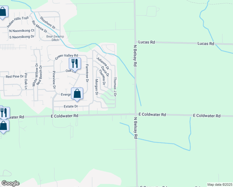 map of restaurants, bars, coffee shops, grocery stores, and more near 807 Theresa Drive in Flint