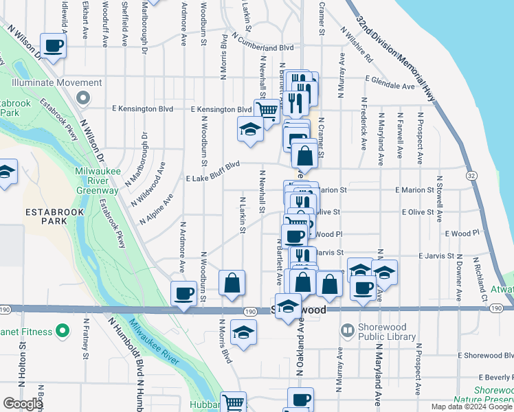 map of restaurants, bars, coffee shops, grocery stores, and more near 1602 East Olive Street in Shorewood
