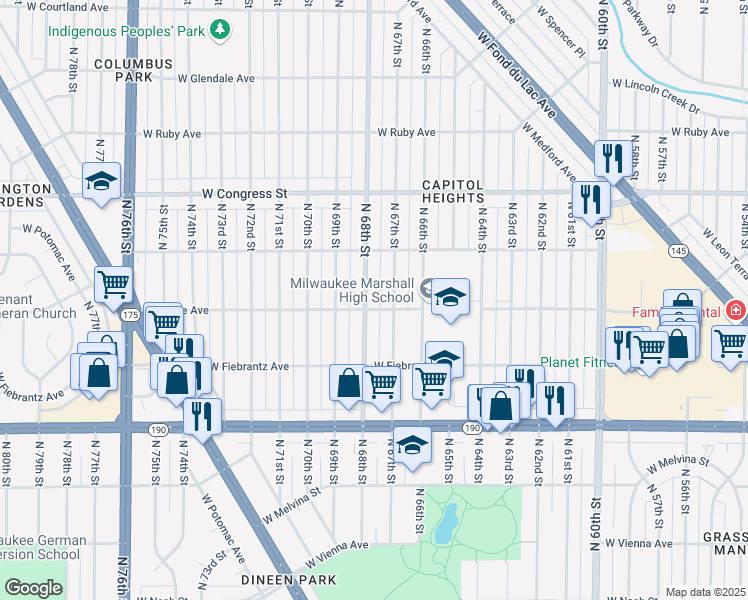 map of restaurants, bars, coffee shops, grocery stores, and more near 4175 North 67th Street in Milwaukee