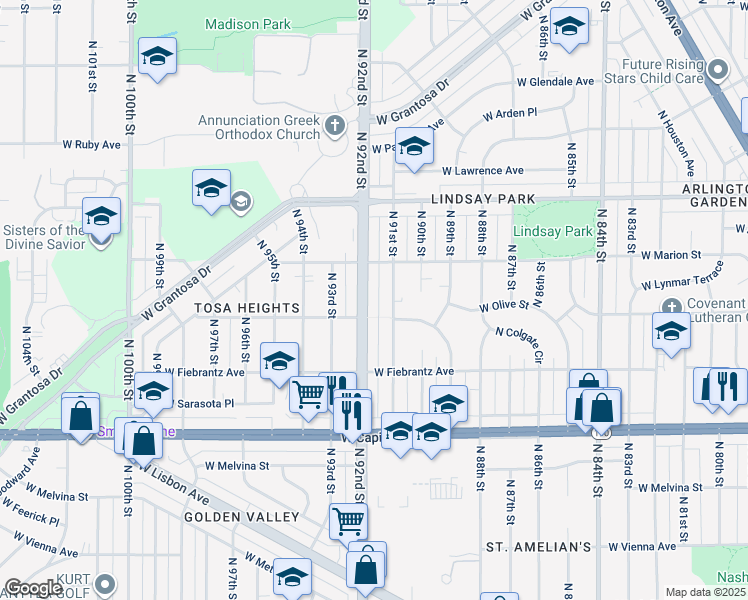 map of restaurants, bars, coffee shops, grocery stores, and more near 4206 North 92nd Street in Milwaukee