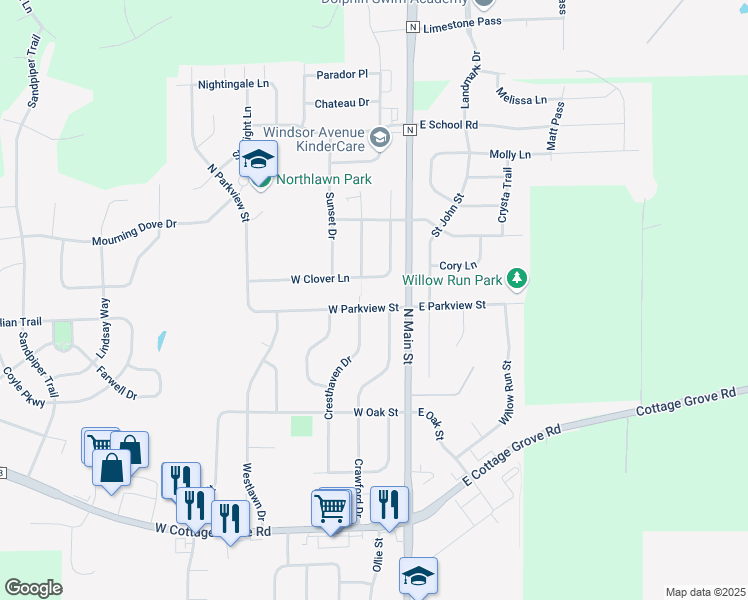 map of restaurants, bars, coffee shops, grocery stores, and more near 108 West Parkview Street in Cottage Grove