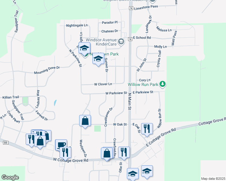 map of restaurants, bars, coffee shops, grocery stores, and more near 200 West Parkview Street in Cottage Grove