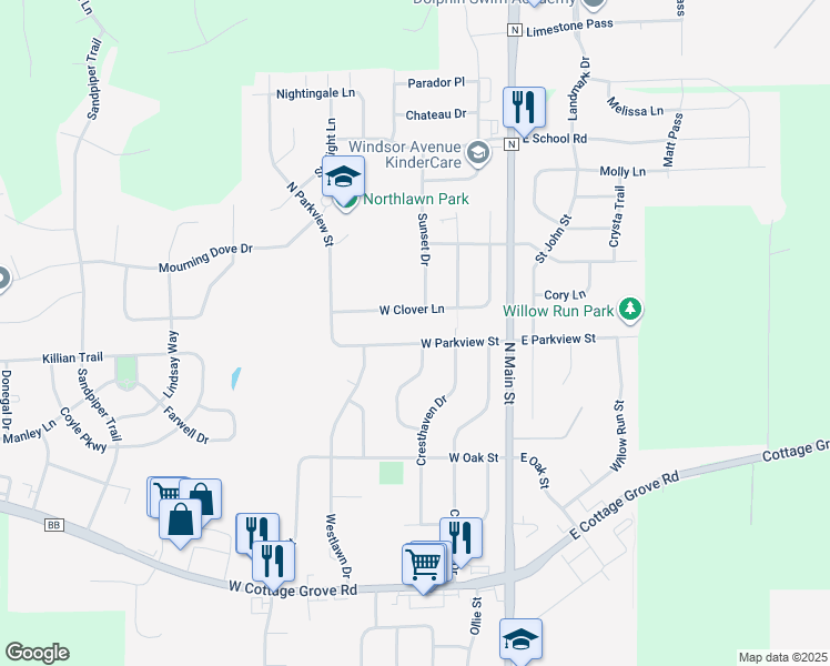 map of restaurants, bars, coffee shops, grocery stores, and more near 221a West Parkview Street in Cottage Grove