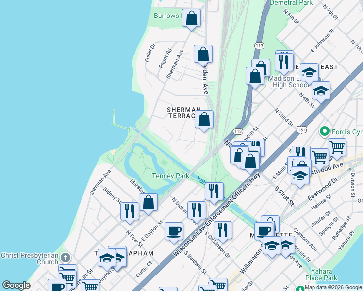 map of restaurants, bars, coffee shops, grocery stores, and more near 1618 Fordem Avenue in Madison
