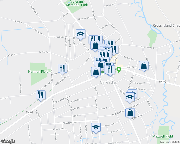 map of restaurants, bars, coffee shops, grocery stores, and more near 221 Farrier Avenue in Oneida