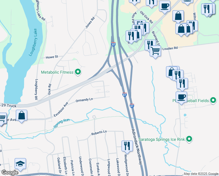 map of restaurants, bars, coffee shops, grocery stores, and more near 30 Whistler Court in Saratoga Springs