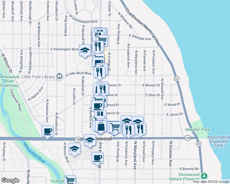 map of restaurants, bars, coffee shops, grocery stores, and more near 4152 North Murray Avenue in Shorewood