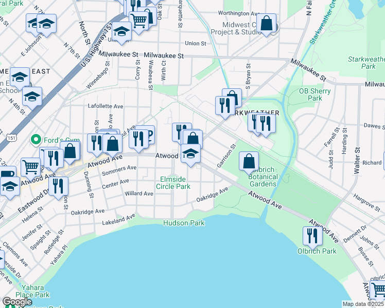 map of restaurants, bars, coffee shops, grocery stores, and more near 3026 Atwood Avenue in Madison