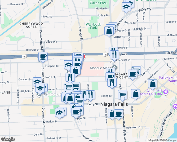 map of restaurants, bars, coffee shops, grocery stores, and more near 5546 Portage Road in Niagara Falls