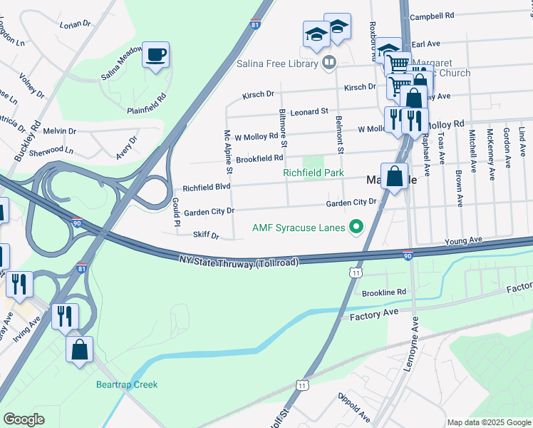 map of restaurants, bars, coffee shops, grocery stores, and more near 313 Garden City Drive in Syracuse