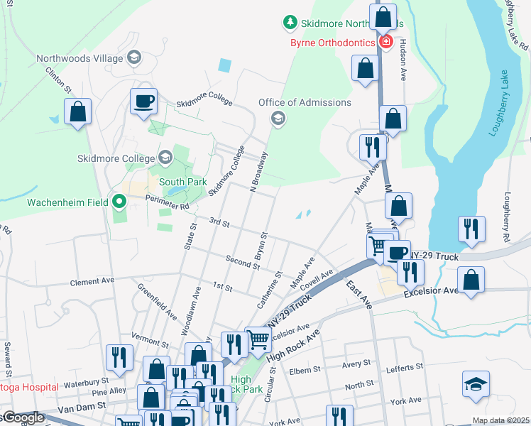 map of restaurants, bars, coffee shops, grocery stores, and more near 93 Bryan Street in Saratoga Springs