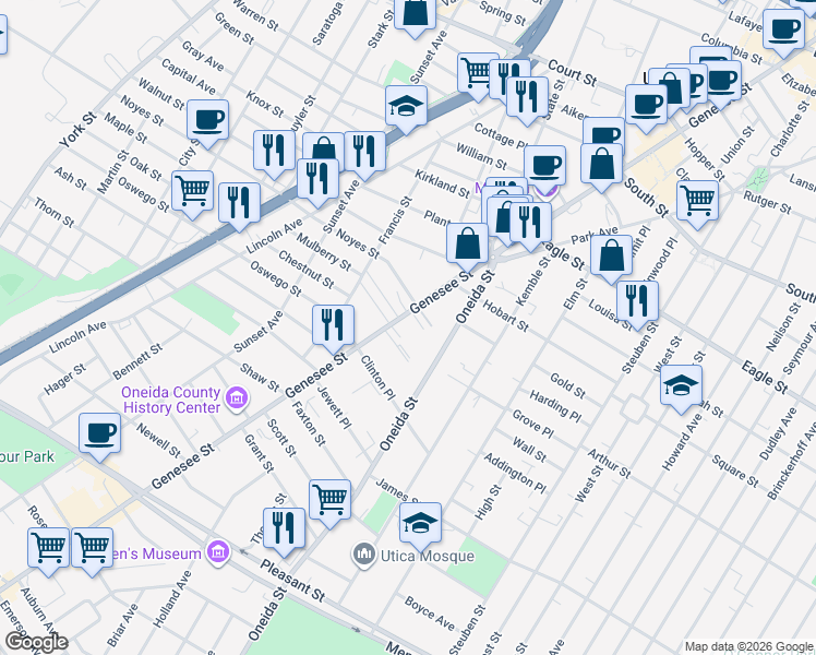 map of restaurants, bars, coffee shops, grocery stores, and more near 1423 Genesee Street in Utica