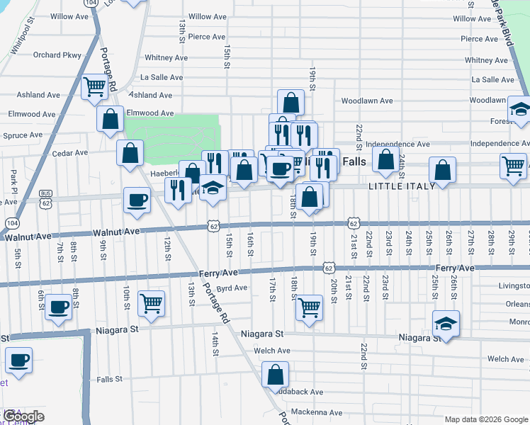 map of restaurants, bars, coffee shops, grocery stores, and more near 601 16th Street in Niagara Falls