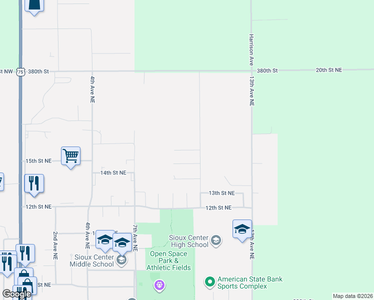 map of restaurants, bars, coffee shops, grocery stores, and more near 936 14th Street Circle Northeast in Sioux Center