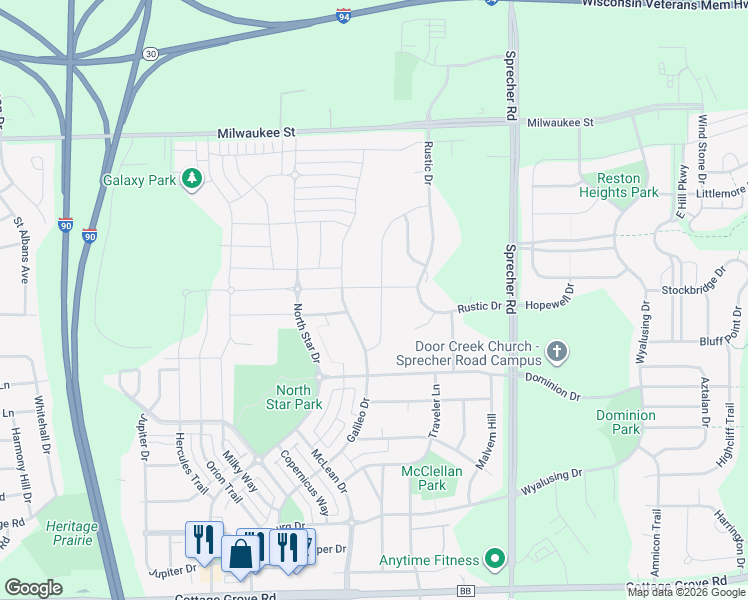 map of restaurants, bars, coffee shops, grocery stores, and more near 422 Venus Way in Madison