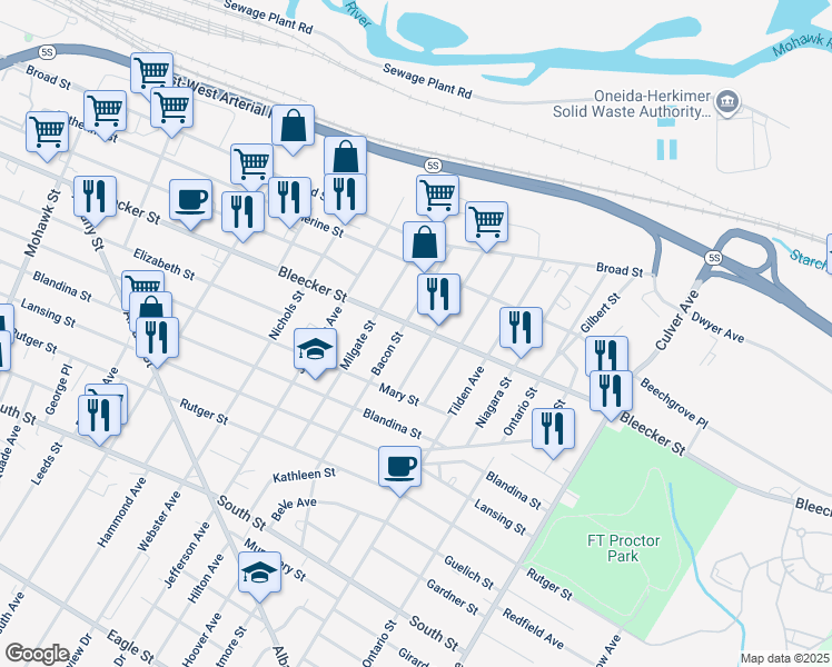 map of restaurants, bars, coffee shops, grocery stores, and more near 506 Wetmore Street in Utica
