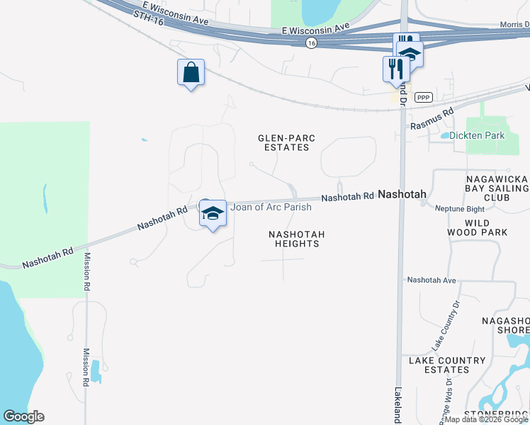map of restaurants, bars, coffee shops, grocery stores, and more near N41W33425 Nashotah Road in Nashotah