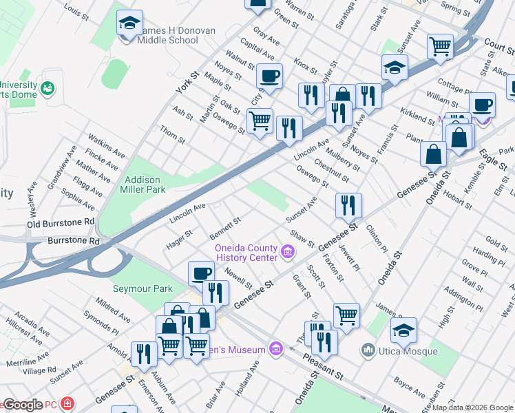 map of restaurants, bars, coffee shops, grocery stores, and more near 808 Shaw Street in Utica