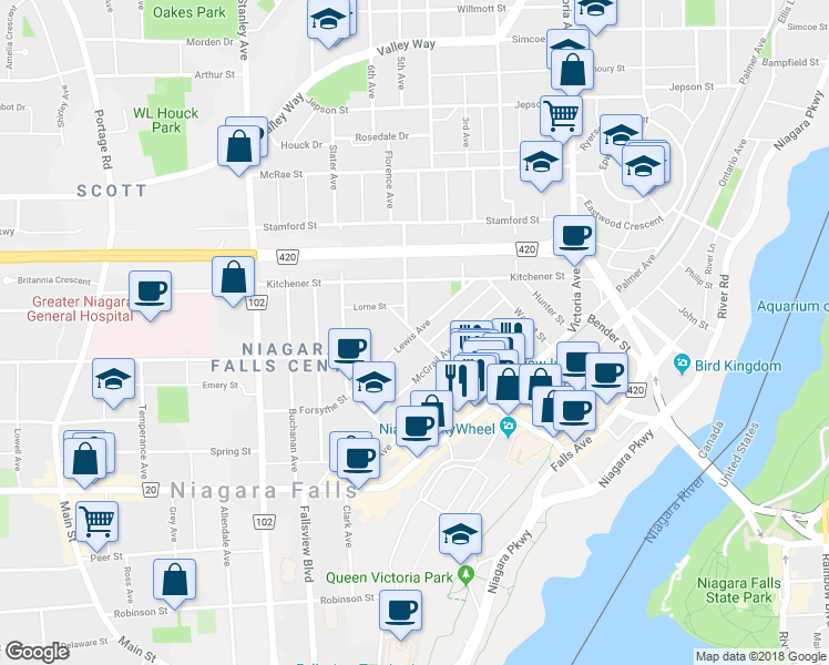 map of restaurants, bars, coffee shops, grocery stores, and more near Lewis Avenue in Niagara Falls
