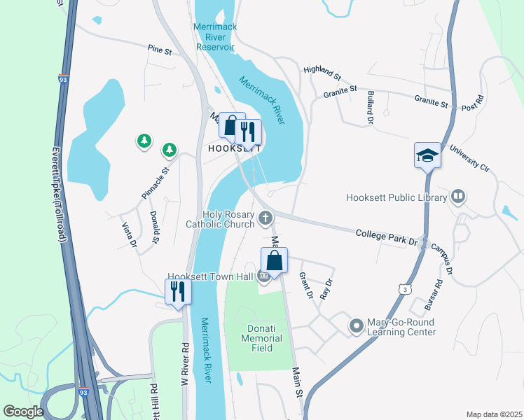 map of restaurants, bars, coffee shops, grocery stores, and more near 21 South Main Street in Hooksett
