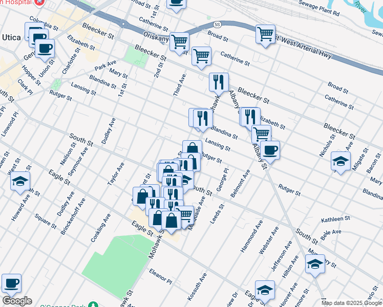 map of restaurants, bars, coffee shops, grocery stores, and more near 1013 Mohawk Street in Utica