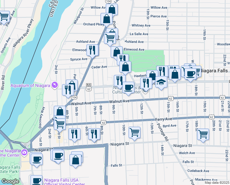 map of restaurants, bars, coffee shops, grocery stores, and more near 611 9th Street in Niagara Falls