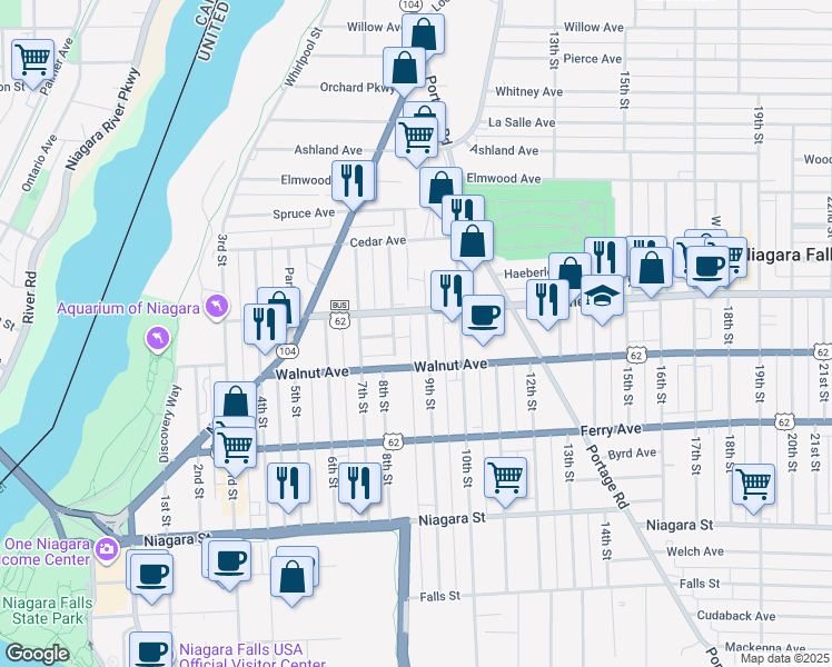 map of restaurants, bars, coffee shops, grocery stores, and more near 611 9th Street in Niagara Falls