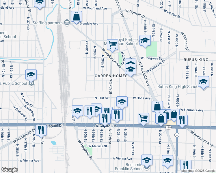 map of restaurants, bars, coffee shops, grocery stores, and more near 4232 North 28th Street in Milwaukee