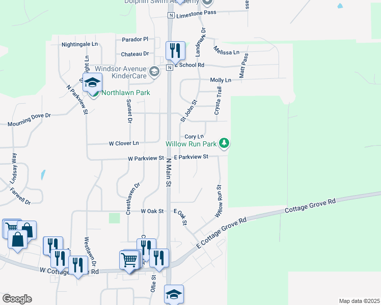 map of restaurants, bars, coffee shops, grocery stores, and more near 208 East Parkview Street in Cottage Grove