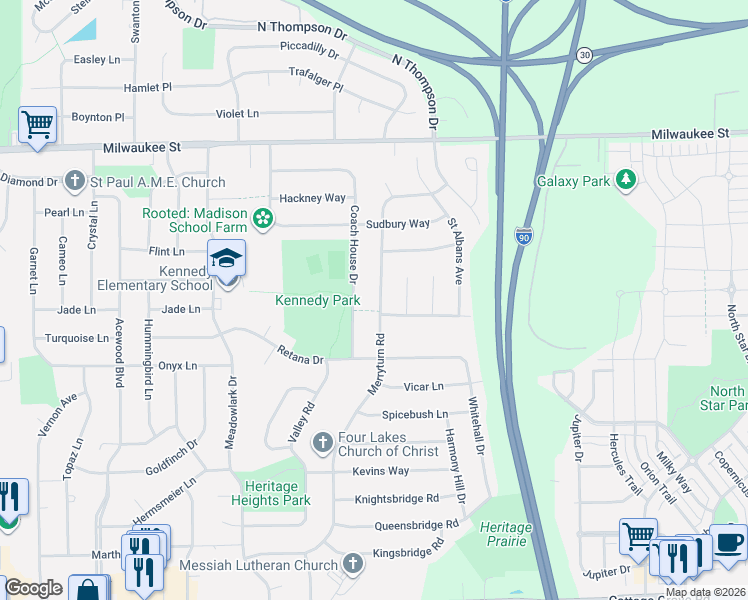 map of restaurants, bars, coffee shops, grocery stores, and more near 233 Coach House Drive in Madison