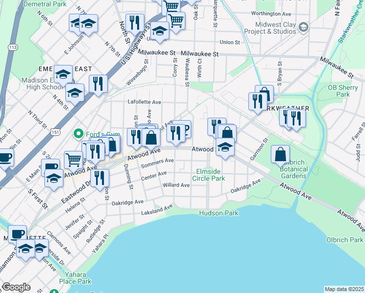 map of restaurants, bars, coffee shops, grocery stores, and more near 2713 Atwood Avenue in Madison