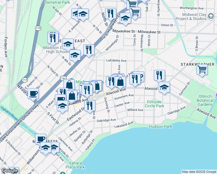 map of restaurants, bars, coffee shops, grocery stores, and more near 252 Jackson Street in Madison