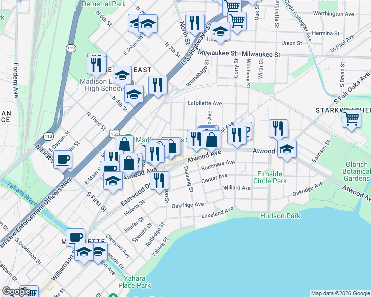 map of restaurants, bars, coffee shops, grocery stores, and more near 252 Jackson Street in Madison