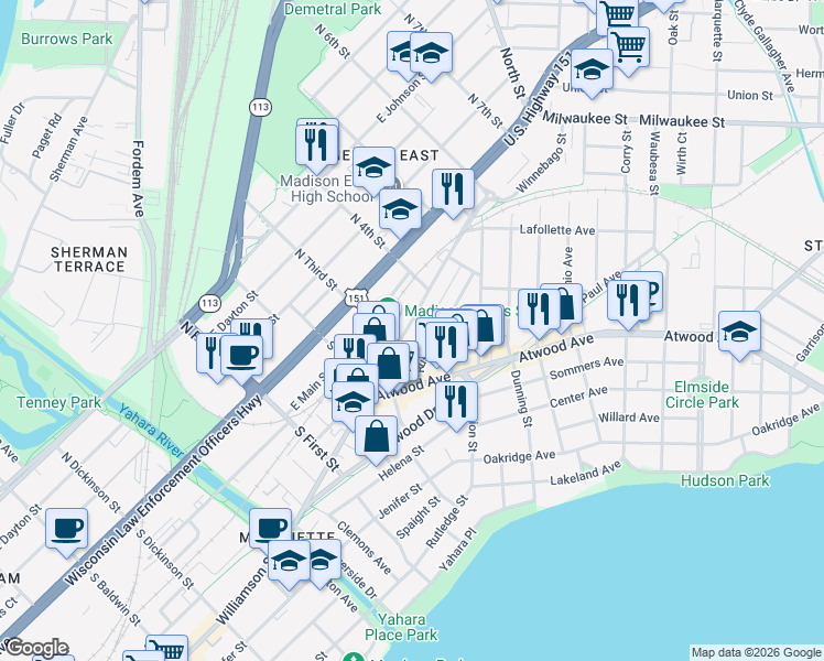 map of restaurants, bars, coffee shops, grocery stores, and more near 2069 Winnebago Street in Madison