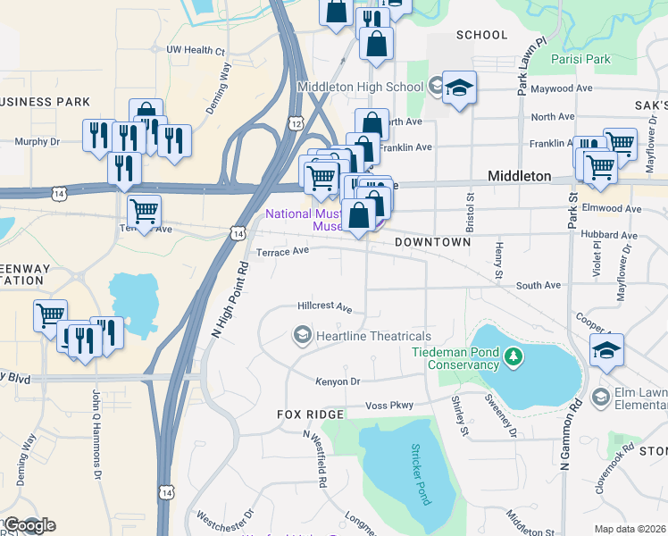 map of restaurants, bars, coffee shops, grocery stores, and more near 1711 Aurora Street in Middleton
