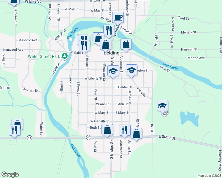 map of restaurants, bars, coffee shops, grocery stores, and more near 520 South Bridge Street in Belding