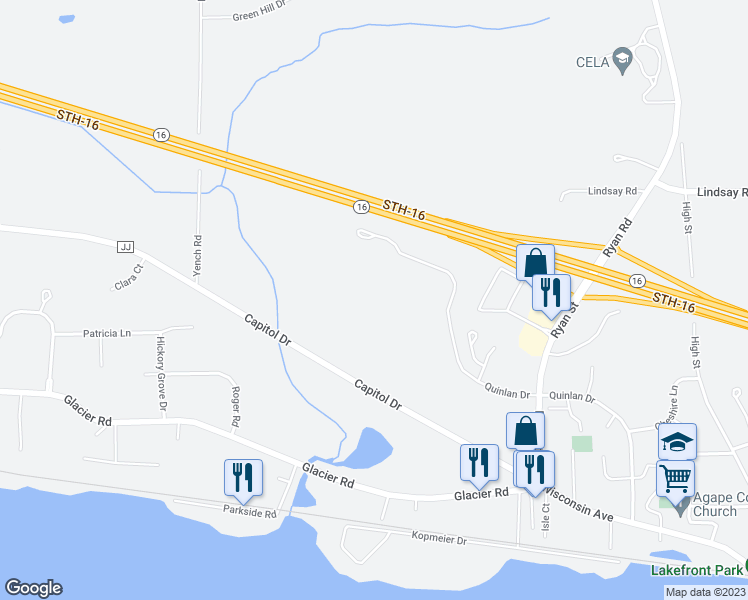 map of restaurants, bars, coffee shops, grocery stores, and more near 1081 Quinlan Drive in Pewaukee