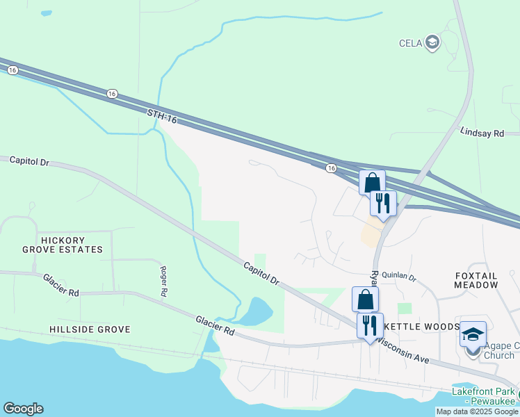 map of restaurants, bars, coffee shops, grocery stores, and more near 1081 Quinlan Drive in Pewaukee