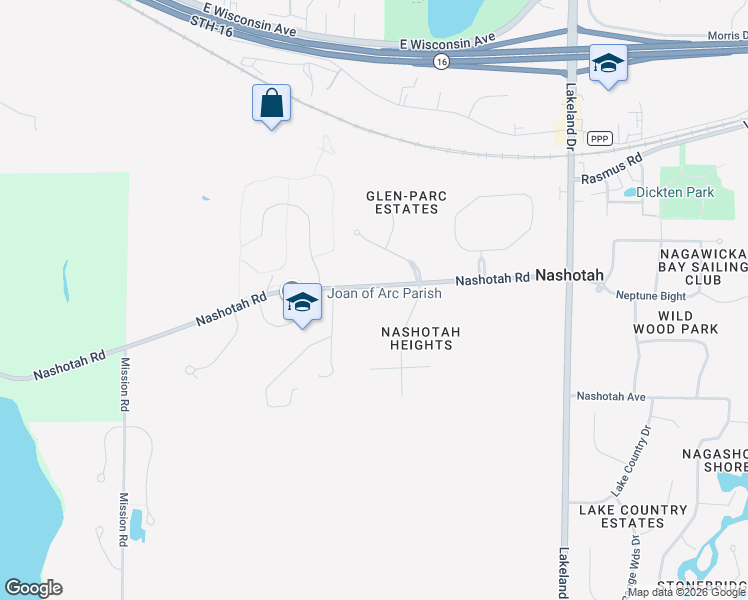 map of restaurants, bars, coffee shops, grocery stores, and more near N41W33425 Nashotah Road in Nashotah