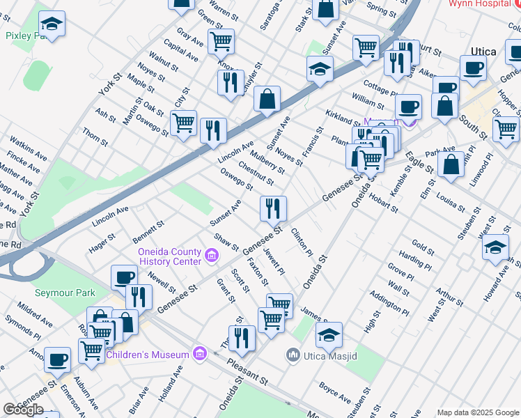 map of restaurants, bars, coffee shops, grocery stores, and more near 8 Waverly Place in Utica