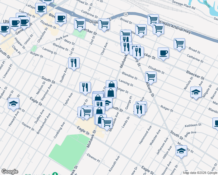 map of restaurants, bars, coffee shops, grocery stores, and more near 1013 Mohawk Street in Utica
