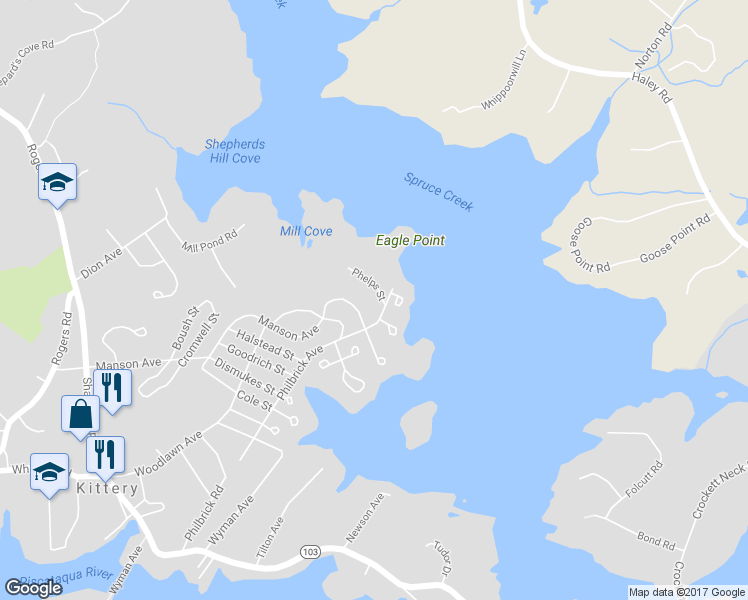 map of restaurants, bars, coffee shops, grocery stores, and more near 13 Phelps Street in Kittery