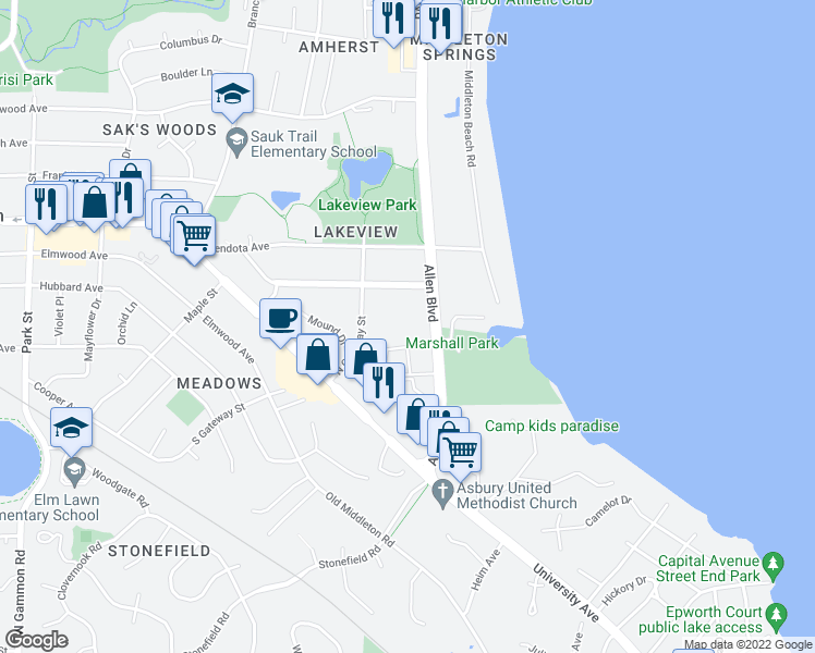 map of restaurants, bars, coffee shops, grocery stores, and more near 2150 Allen Boulevard in Middleton