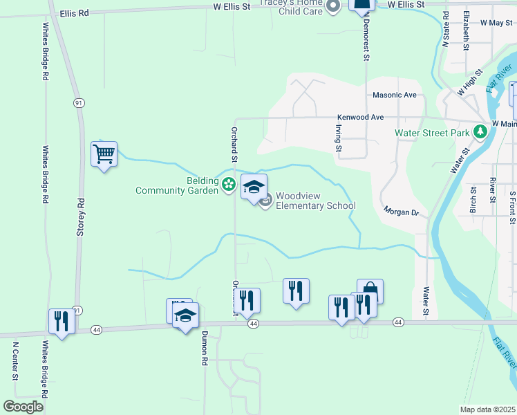 map of restaurants, bars, coffee shops, grocery stores, and more near 450 Orchard Street in Belding