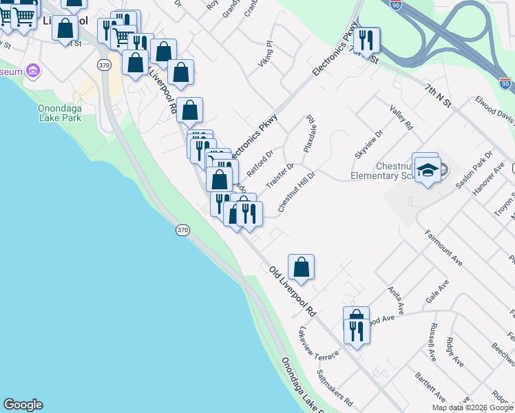 map of restaurants, bars, coffee shops, grocery stores, and more near 95 Eynsford Drive in Liverpool