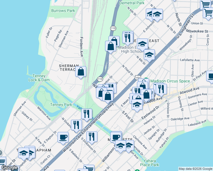 map of restaurants, bars, coffee shops, grocery stores, and more near 1921 East Dayton Street in Madison